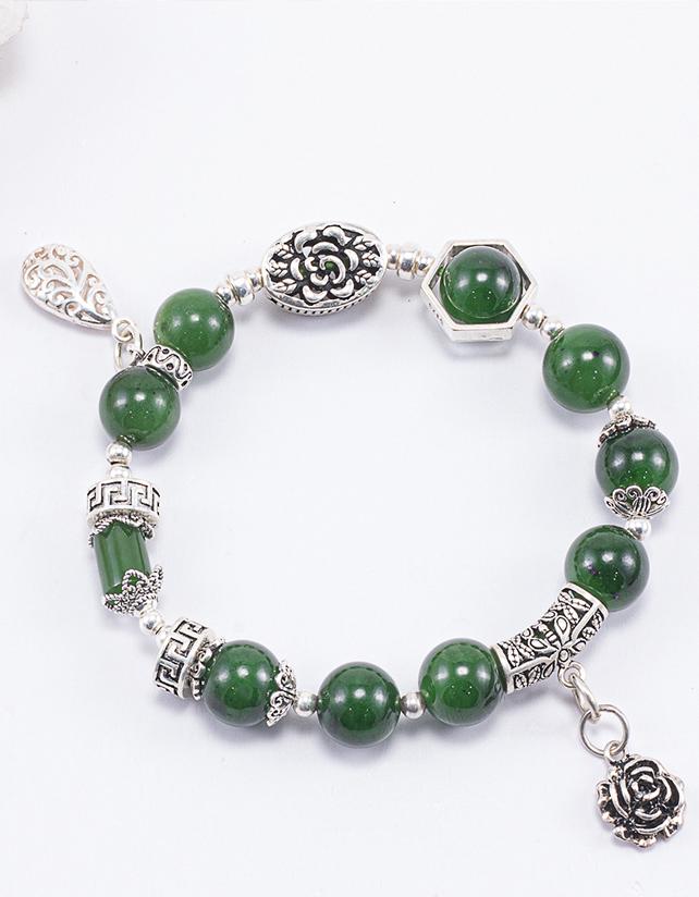Vòng Tay Phong Thủy Nữ Đá Ngọc Bích Phối Charm Hoa Bạc Mệnh Mộc, Hỏa Ngọc Quý Gemstones