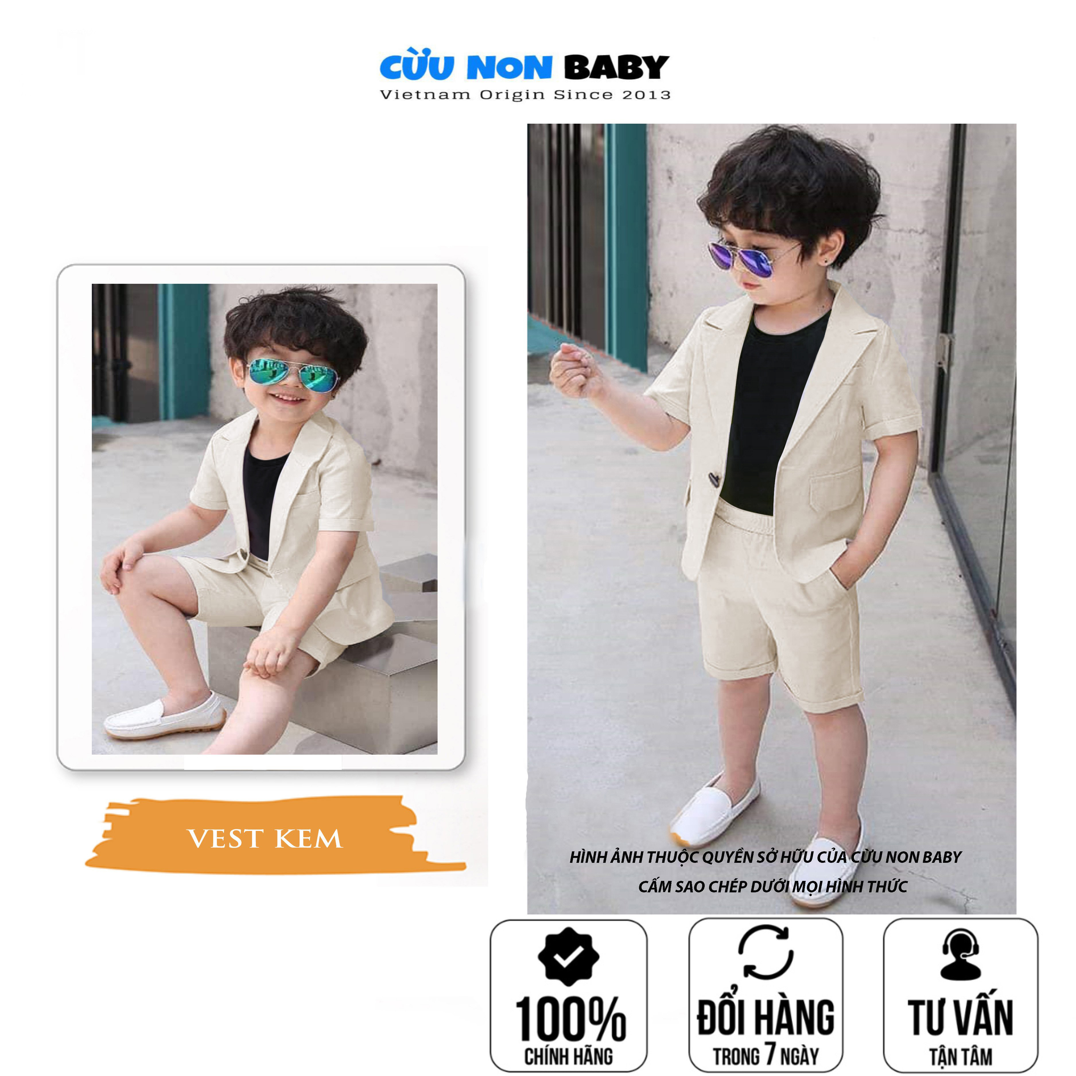 Bộ Vest Cho Bé Trai Sang Chảnh + Tặng kèm áo thun bên trong Kem