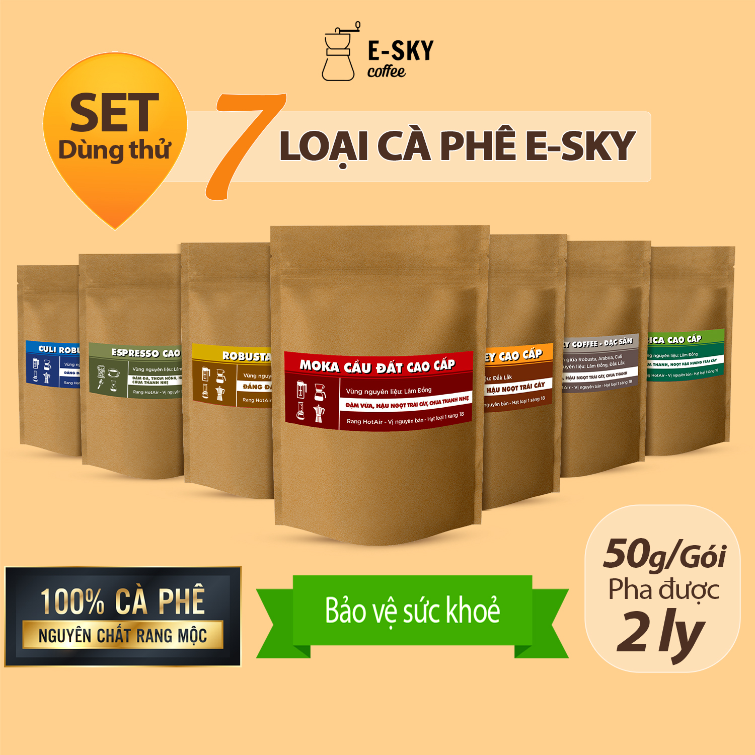 Mẫu Thử Cà Phê Rang Xay Nguyên Chất E-SKY Coffee Cafe Pha Phin 50gr