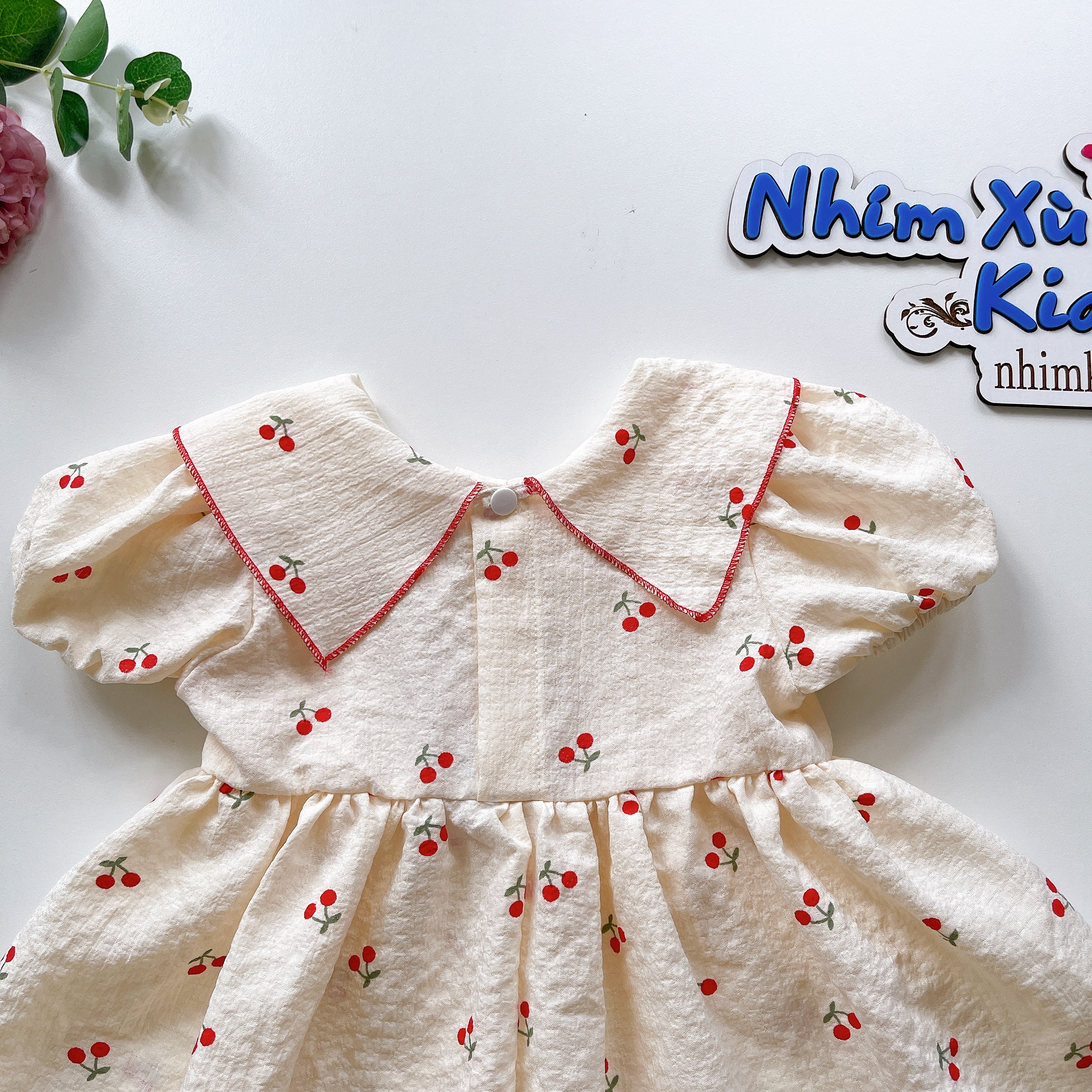Váy Nơ Cổ Hoạ Tiết Cherry Nhí Bé Gái 4 Đến 28kg, Đầm Bé Gái Chất Đũi Xốp