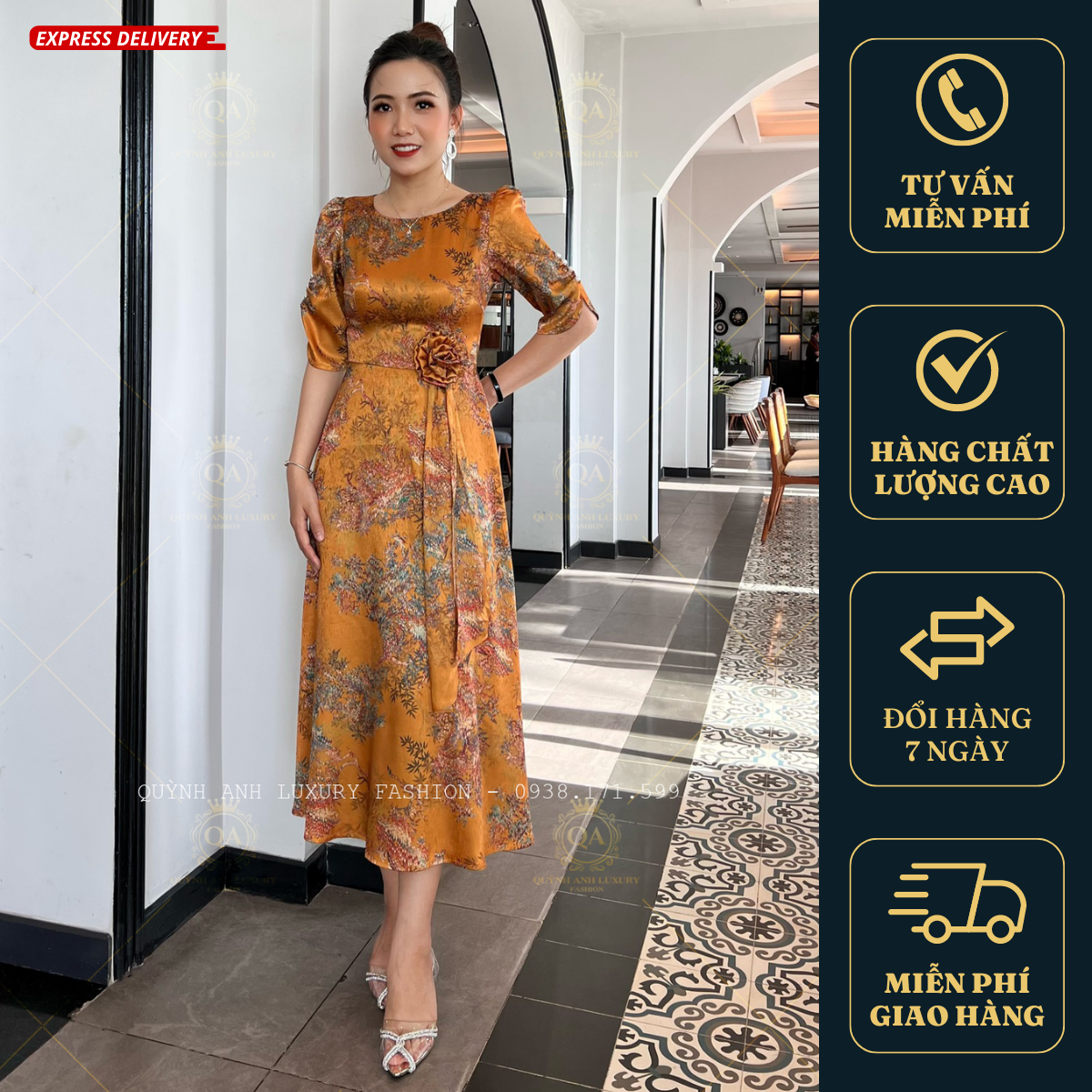 Váy Đầm Xoè Hoa Tone Vàng Đẹp Sang Trọng Cao Cấp Akina Dress