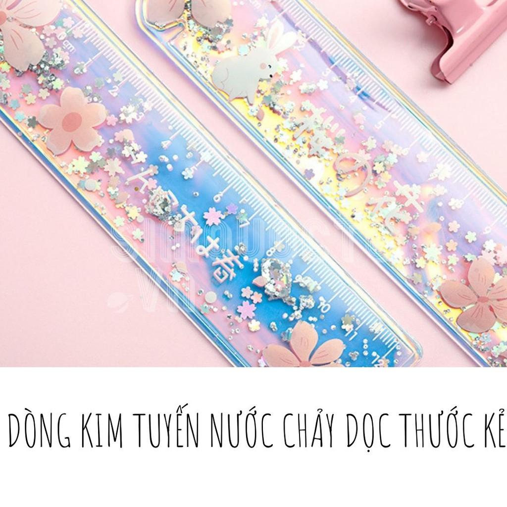 Thước kẻ Hàn Quốc hoạ tiết hạt kim tuyến lấp lánh chuyển động kèm dây huy hiệu đáng yêu