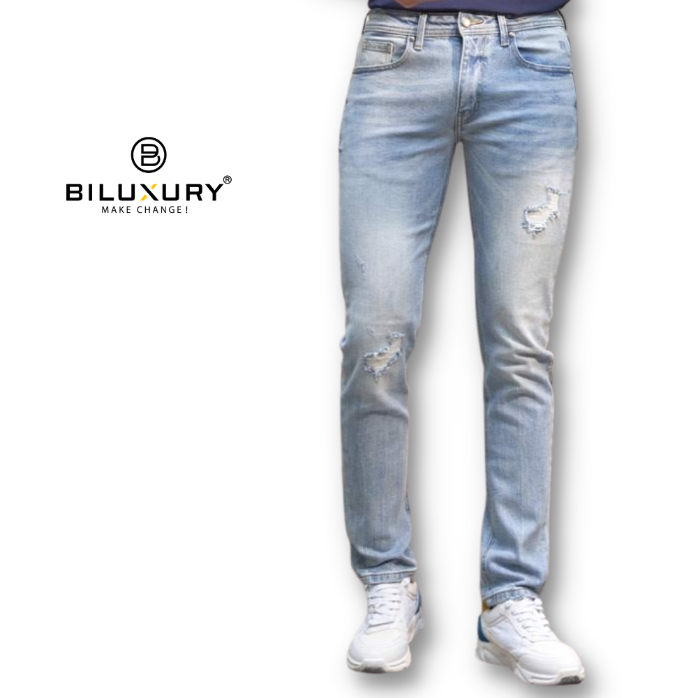 Quần Jean Nam, Quần Bò Biluxury Rách Gối Cao Cấp Bền Màu, Co Dãn, Thấm Hút Tốt Màu Xanh 6QBDT001XNH