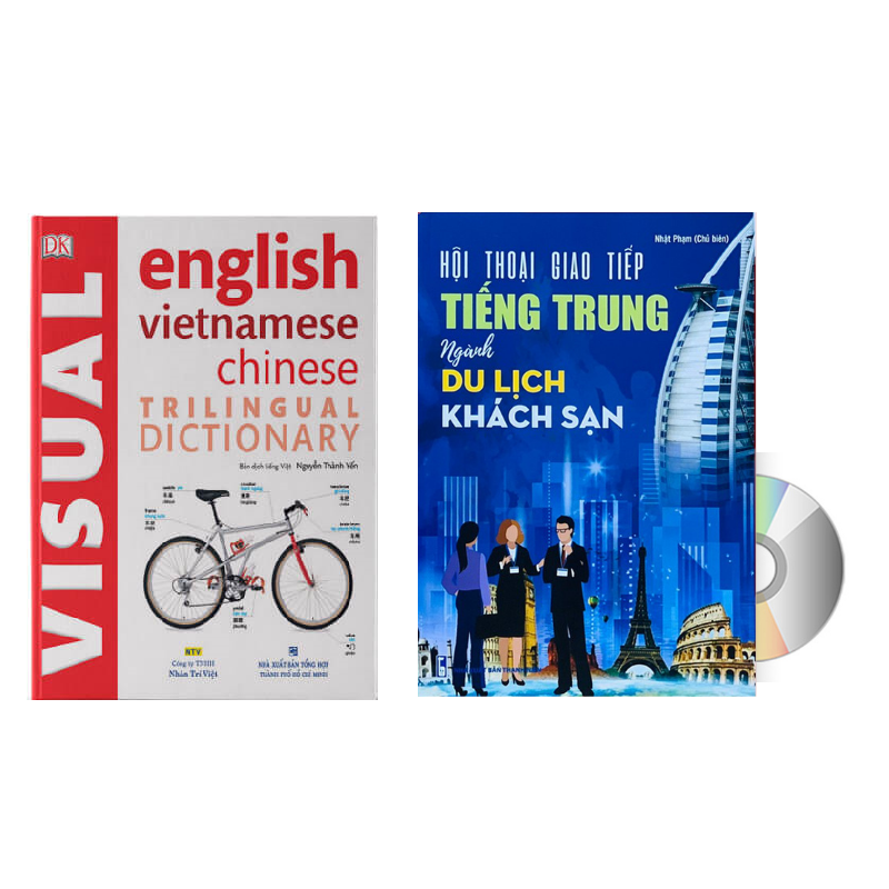 Combo 2 sách Từ điển hình ảnh Tam Ngữ Trung Anh Việt – Visual English Vietnamese Chinese Trilingual Dictionary+ Hội thoại giao tiếp tiếng Trung ngành du lịch khách sạn có audio nghe+DVD tài liệu