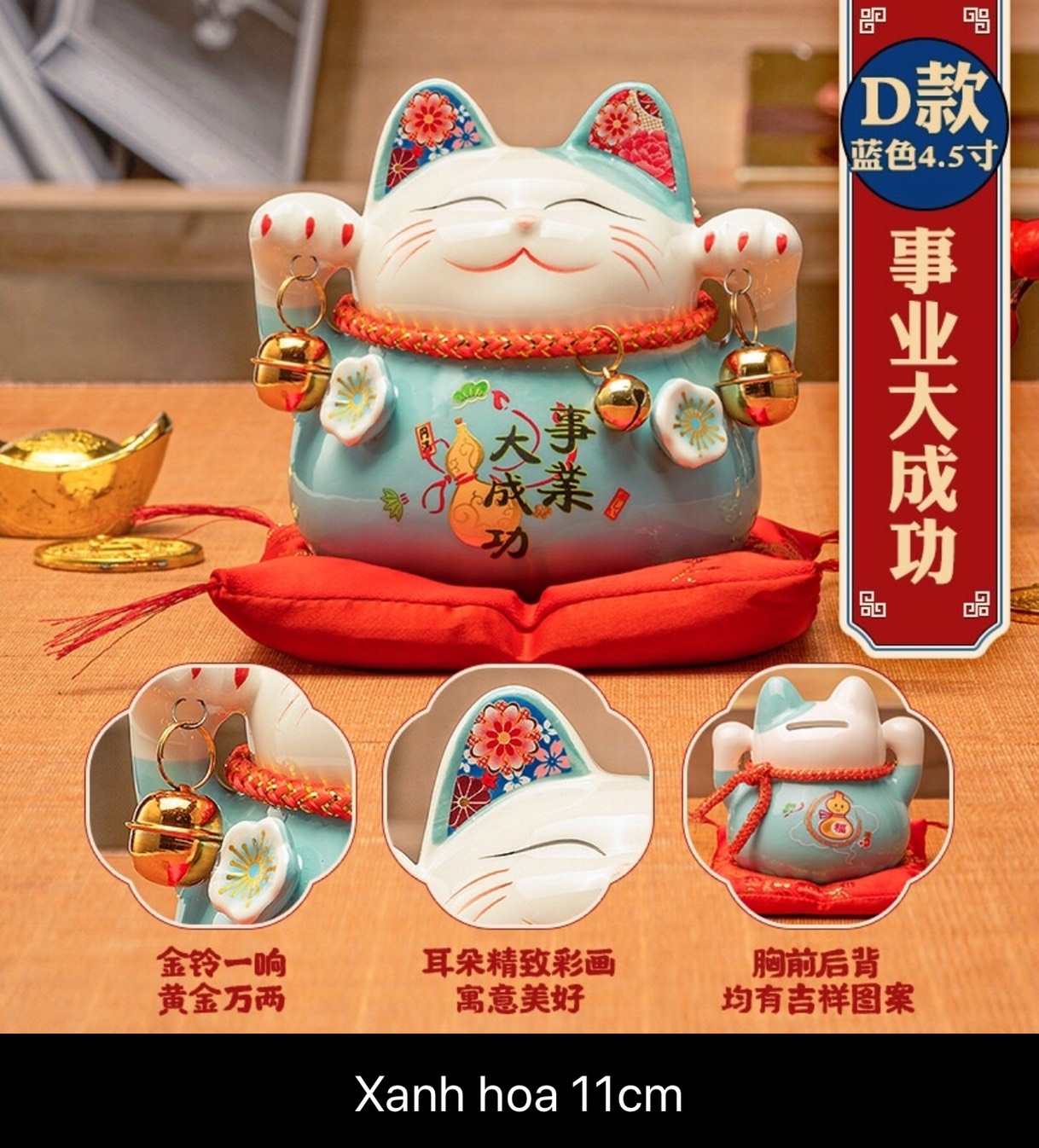 Mèo thần tài may mắn Neko Maneki 11cm màu xanh