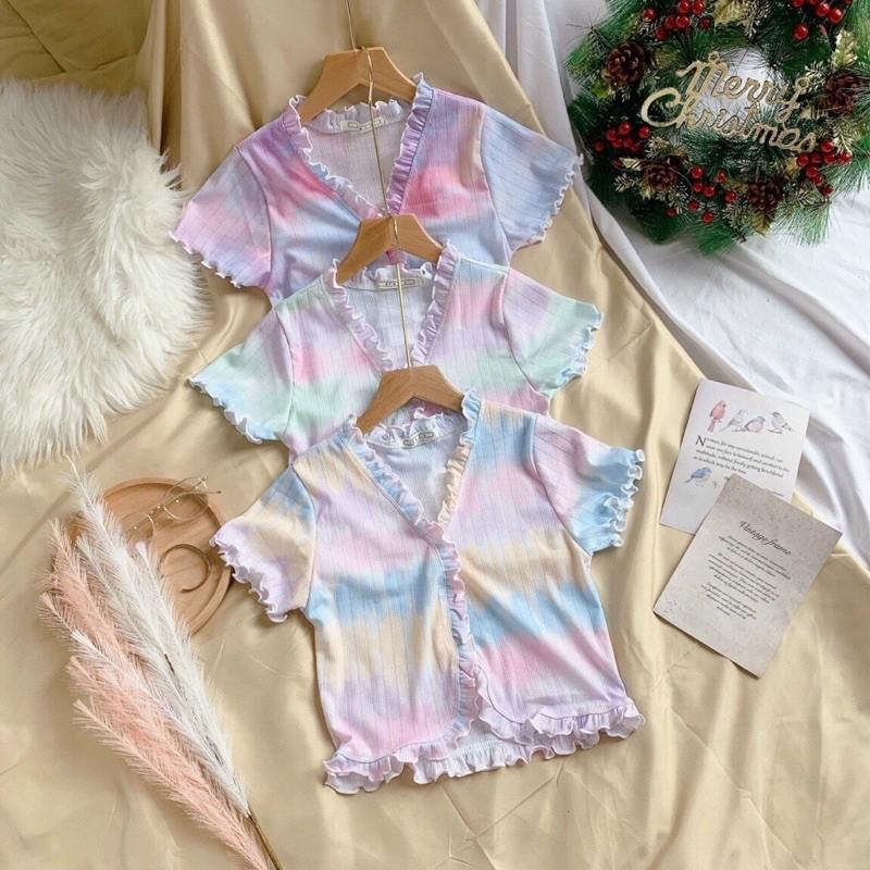 Áo croptop cổ V viền bèo loang xẻ nhẹ nhàng