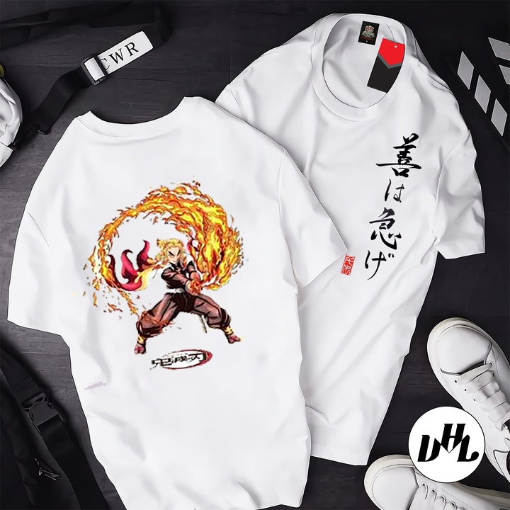 Áo thun trắng Anime, Manga Thanh g diệt quỷ Viêm trụ 02, Unisex Nam Nữ có Size áo từ 25-95kg