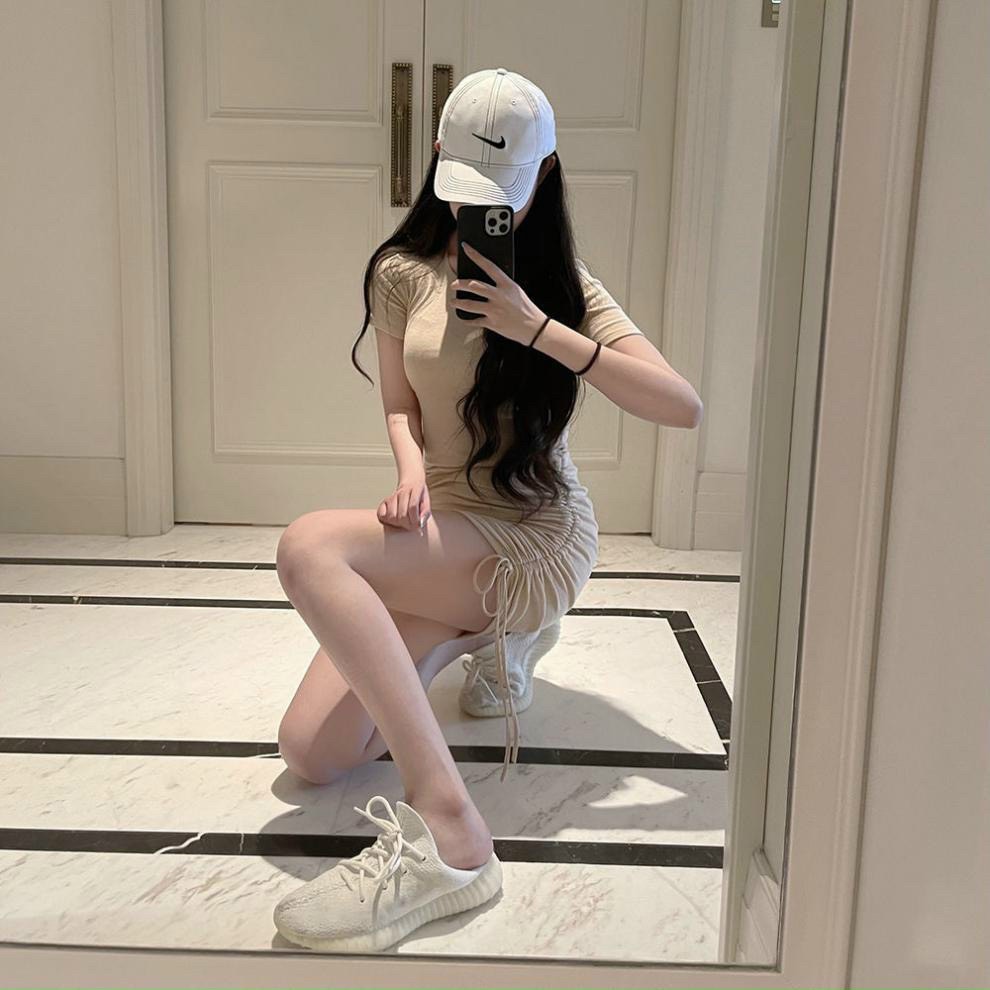 Đầm ôm body rút dây tay ngắn cổ tròn 2 màu siêu xinh chất thun gân dày mịn co dãn tốt mặc thỏa mái