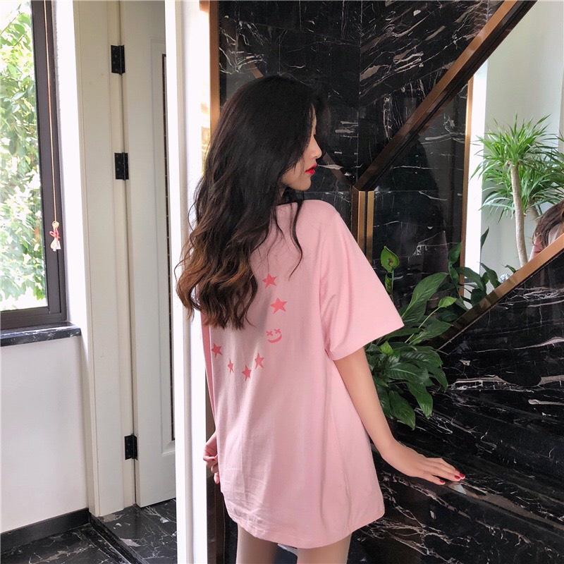 Áo Thun Unisex Tay Lỡ Màu Hồng Hình Ngôi Sao