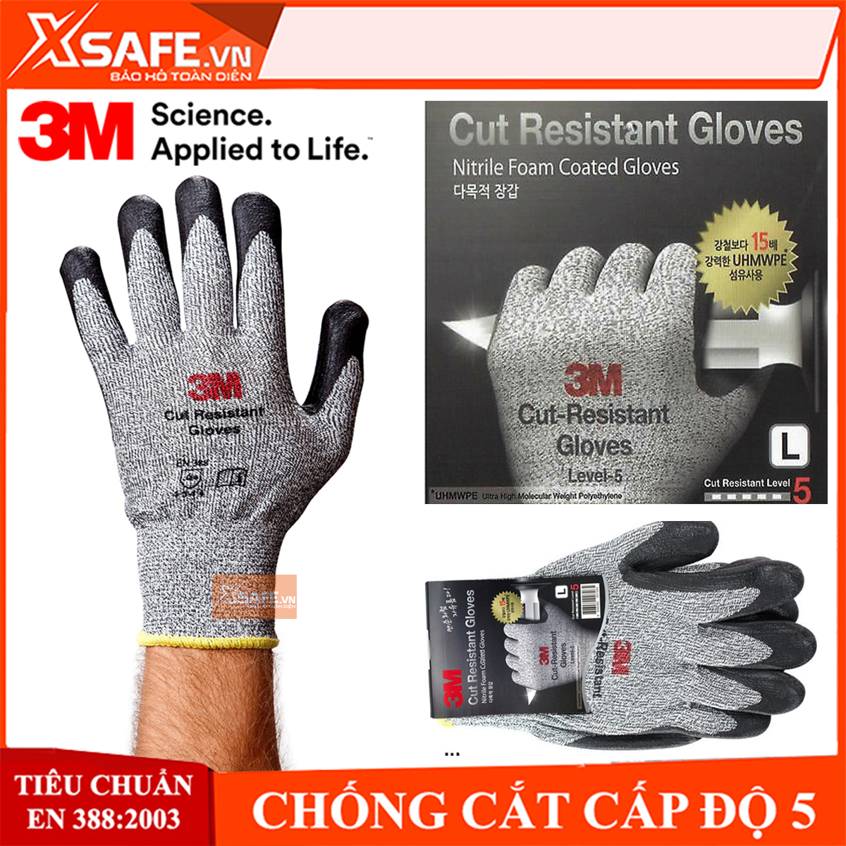 Găng tay chống cắt 3M cấp độ 5 phủ PU Găng chống cắt - chống mài mòn - xé rách - đâm xuyên theo tiêu chuẩn EN388 4543