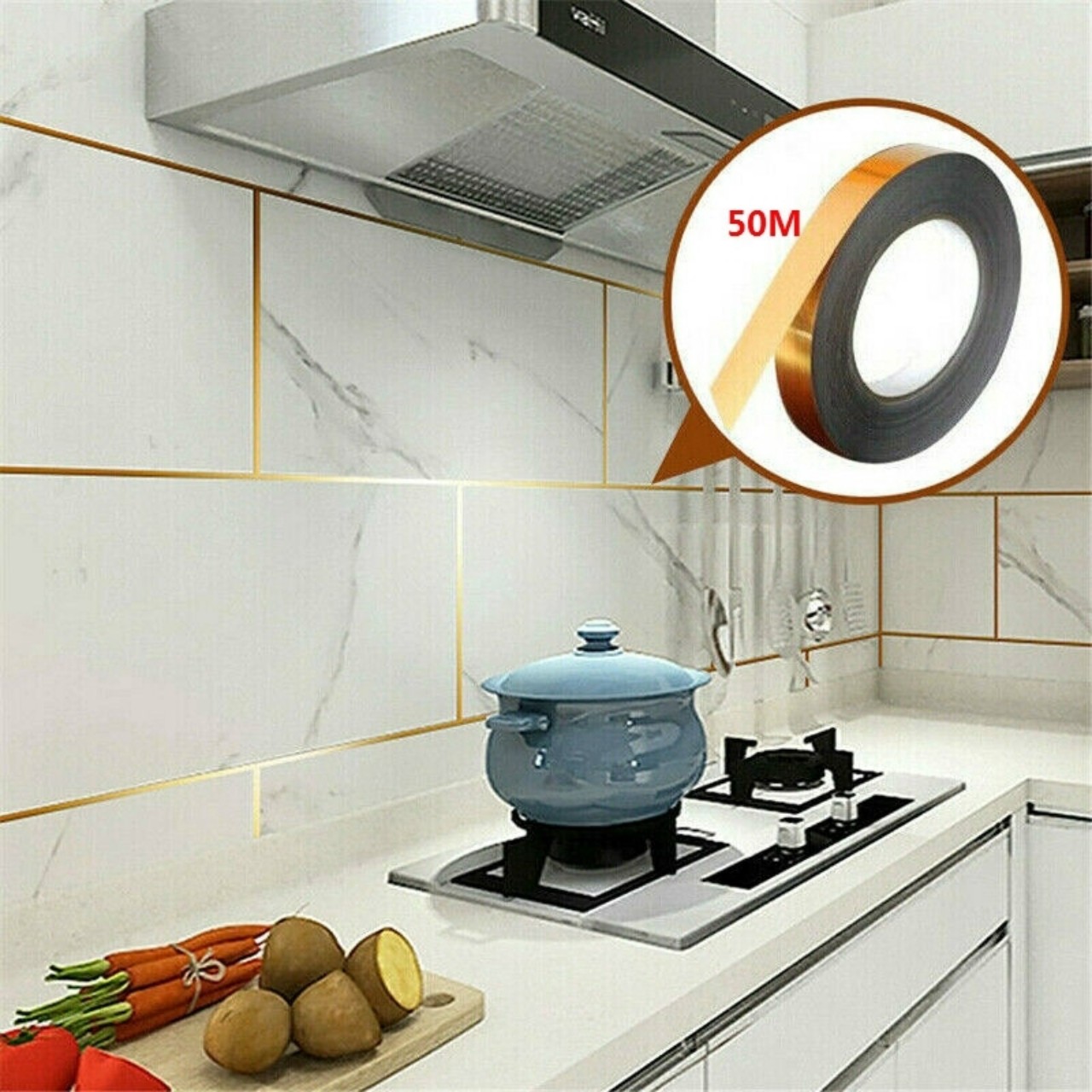 50 mét băng keo dán gạch men vàng kim sang trọng trang trí nhà cửa, không thấm nước bản 0.5cm và 1 cm
