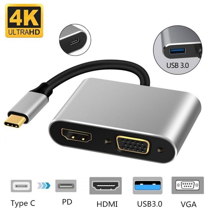 Cáp chuyển USB-C ra HDMI 4K + VGA 1080p + USB3.0 + USB-C(PD), vỏ nhôm cao cấp - PK59 PK60