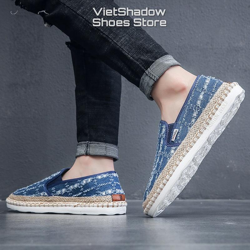 Slip on nam - Giày lười vải mẫu mới 2022 - Chất liệu vải bò rách 2 màu đen và xanh dương - Mã 895