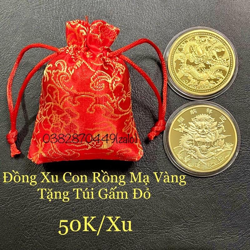 Đồng Xu Con Rồng Phong Thuỷ May Mắn Tặng Túi gấm