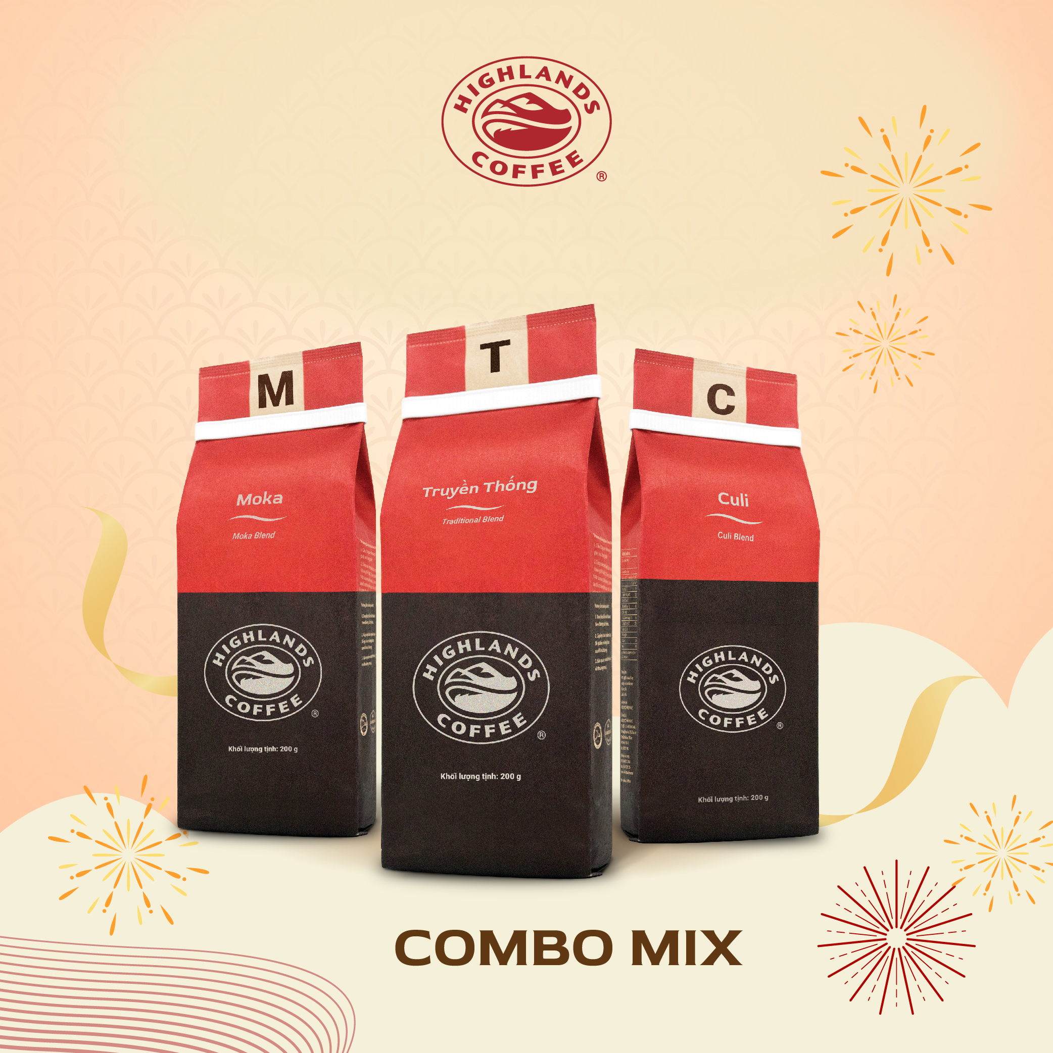 Combo 3 Cà phê rang xay Culi, Moka, Truyền Thống Highlands Coffee 200g
