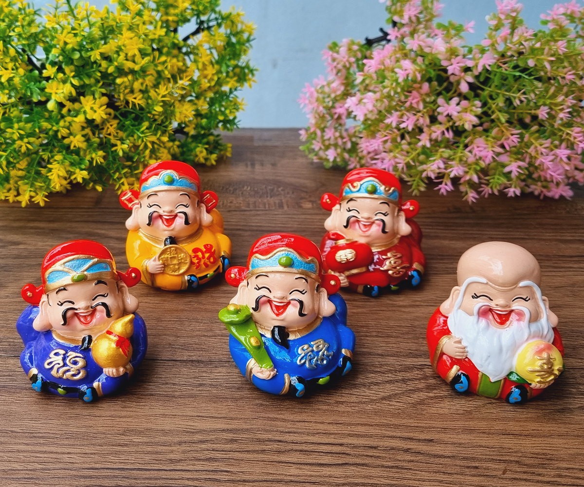 Bộ 05 tượng Ngũ Phúc 7cm mẫu tròn kèm đế tam cấp vuông nhỏ - tặng kèm túi 50 xu vàng may mắn