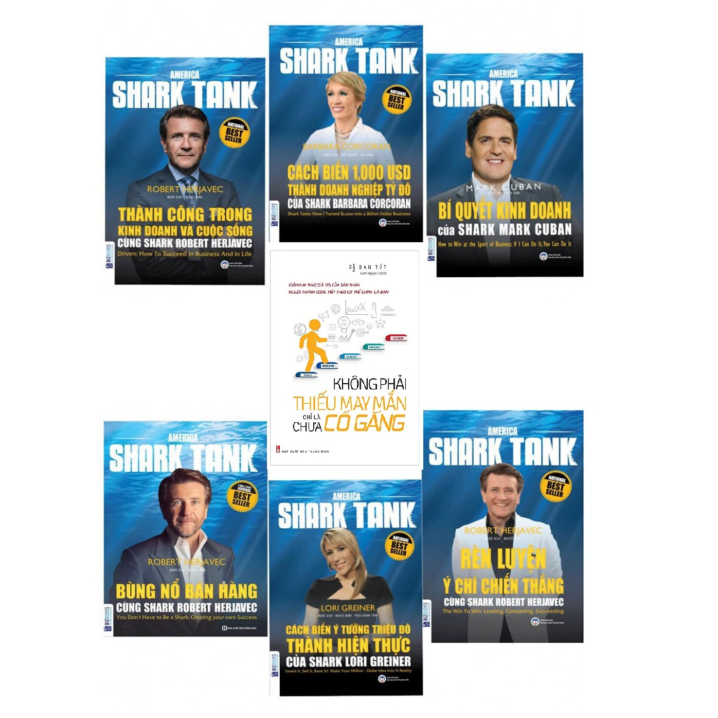 Combo Trọn Bộ 6 Cuốn America Shark Tank ( Bùng Nổ Bán Hàng Cùng Shark Robert Herjavec , Cách Biến 1.000 USD Thành Doanh Nghiệp Tỷ Đô Của Shark Barbara Corcoran , Cách Biến Ý Tưởng Triệu Đô Thành Hiện Thực Của Shark Lori Greiner , Rèn Luyện Ý Chí Chiến Thắng Cùng Shark Robert Herjavec , Thành Công Trong Kinh Doanh Và Cuộc Sống Cùng Shark Robert Herjavec , Bí Quyết Kinh Doanh Của Shark Mark Cuban tặng cuốn Không Phải Thiếu May Mắn Chỉ Là Chưa Cố Gắng