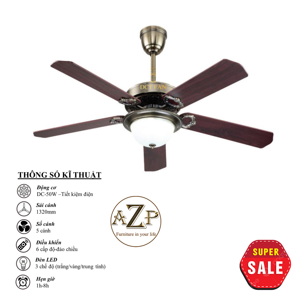 Siêu Sales QUẠT TRẦN AZP- 5 CÁNH GỖ, CÔNG XUẤT 50W, CÓ REMOTE- Hàng Nhập Khẩu