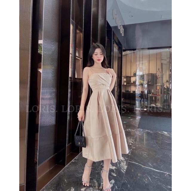 Đầm 2 dây nâu xếp ly ngực dáng dài