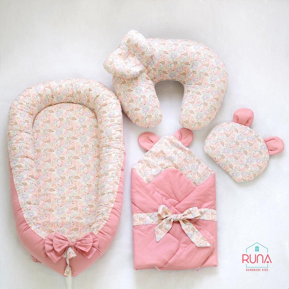 Combo nôi, chăn, gối lót đầu, gối hỗ trợ bé bú cho bé sơ sinh RUNA KIDS chất liệu Satin cao cấp, mềm mịn, an toàn cho bé