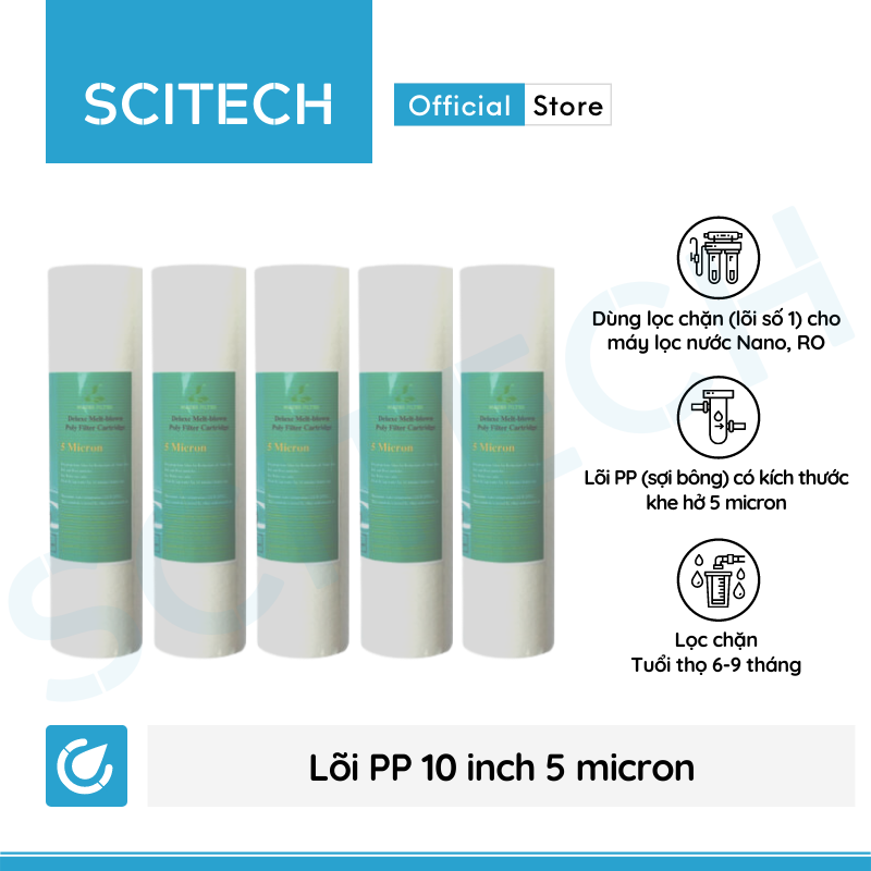 Combo 5 lõi lọc nước số 1 PP 10 inch 5 micron dùng trong máy lọc nước Nano/UF/RO, bộ lọc thô - Hàng chính hãng