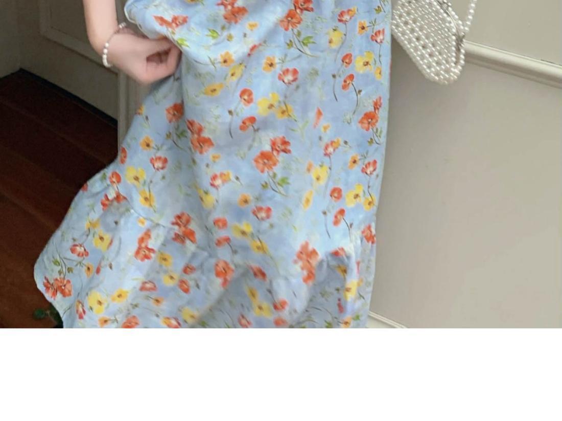 TOBE1SHOP Màu xanh vuông cổ bong bóng tay áo hoa đầm phụ nữ 2023 mùa hè cao cấp cảm giác cao cấp cổ điển đầm dài tinh tế