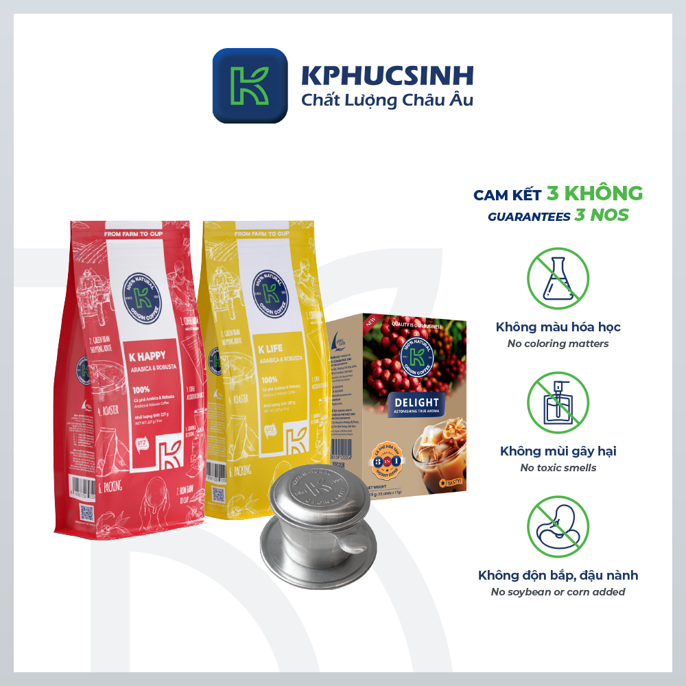 Hộp Quà Cà Phê K Coffee Love Box 4 - cà phê rang xay Robusta Arabica và cà phê hoà tan đậm vị (cà phê rang xay K-Happy, K-Life và cà phê hòa tan Delight)