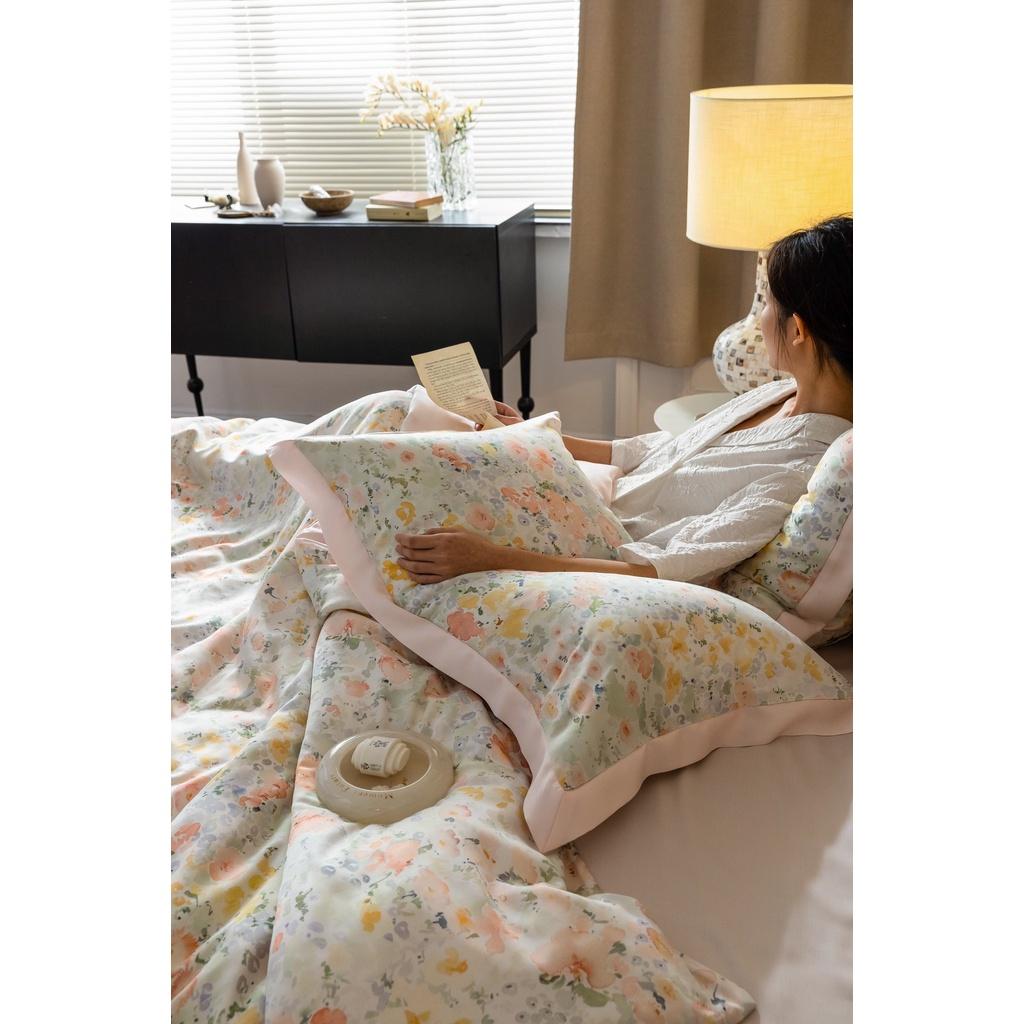 Bộ chăn ga gối cao cấp 100%Tencel 60s, họa tiết Hoa Lá màu sắc tươi sáng và sang trọng, chất liệu mềm mịn mát