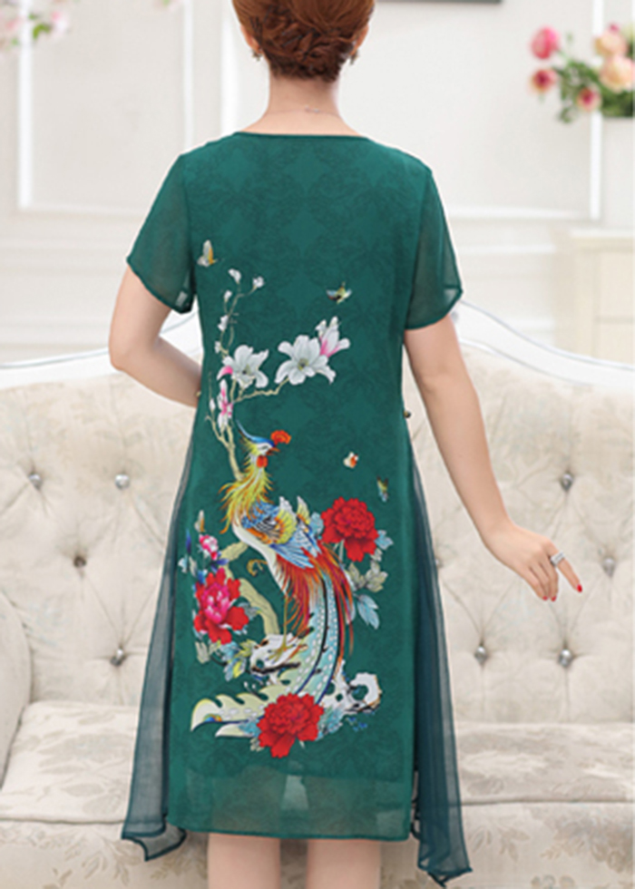 Váy voan dáng xuông ngắn tay họa tiết phượng cao cấp VA4