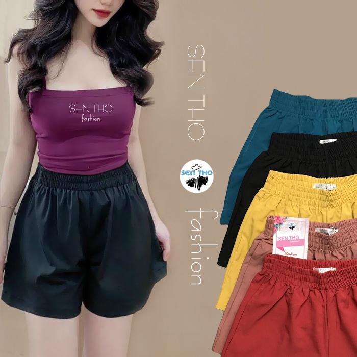 Quần Sooc Bồng Nữ Cạp Chun Năng Động Vải Co Giãn Tốt Short Thể Thao Kiểu Trơn Màu Đen Vàng Đỏ Xanh