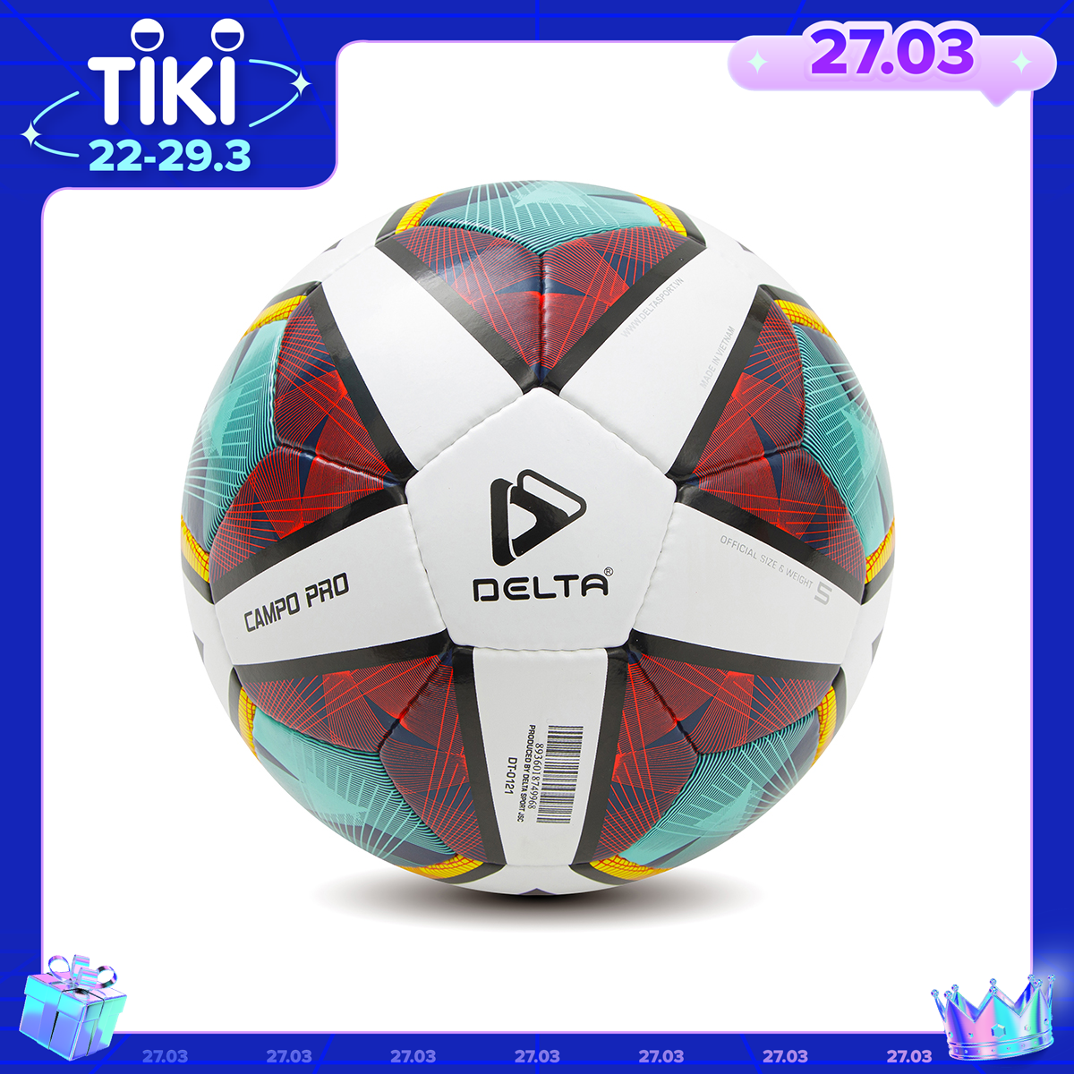 Bóng đá ngoài trời khâu tay DELTA 9968-5K size 5 tiêu chuẩn FIFA, chất liệu da PU dùng cho 12 tuổi trở lên, chơi trên mọi loại sân.