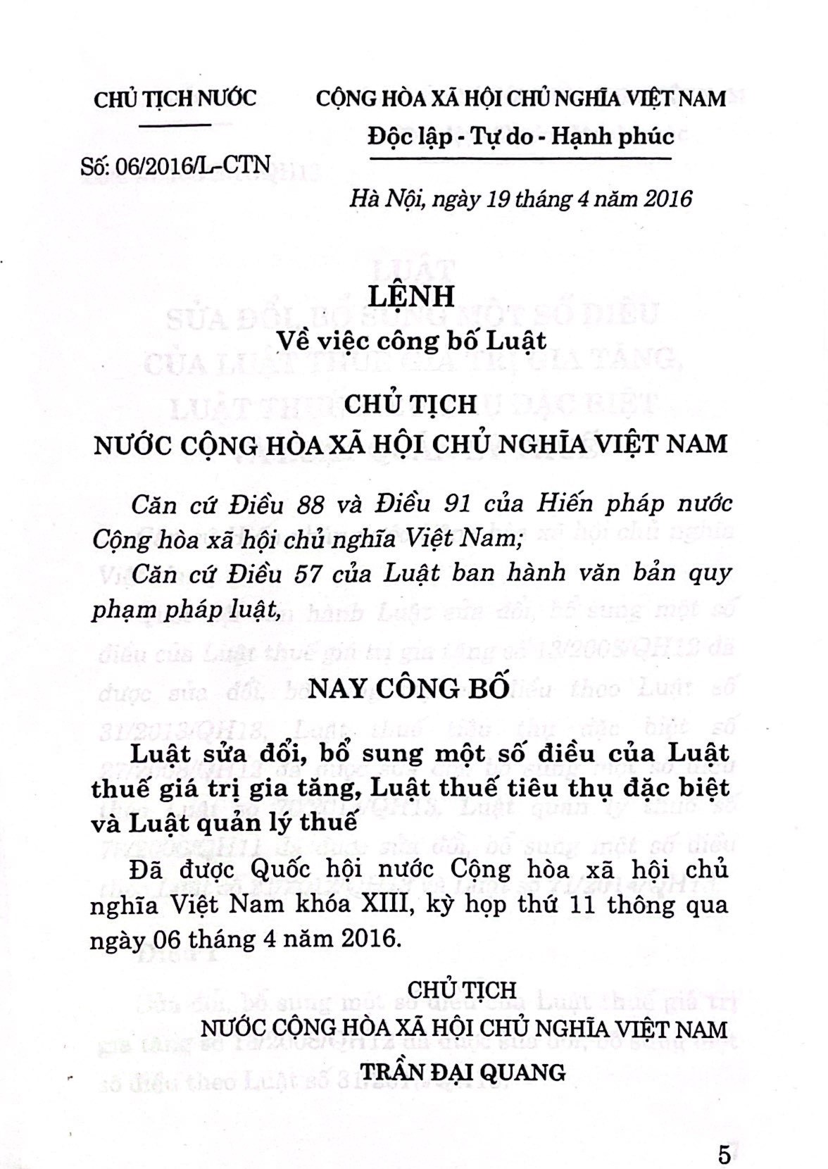 Luật sửa đổi, bổ sung một số điều của Luật thuế giá trị gia tăng, Luật thuế tiêu thụ đặc biệt và Luật quản lý thuế