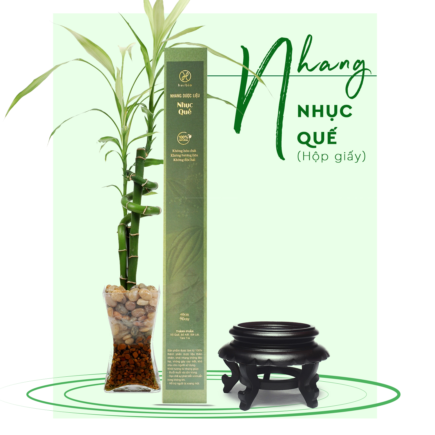 Nhang cây dược liệu Nhục Quế Herbio - Nhang sạch, hương thơm giúp thông mũi, tĩnh não, an thần, ít khói - An toàn dùng trong gia đình - Hộp dùng thử 30cm x 30 cây