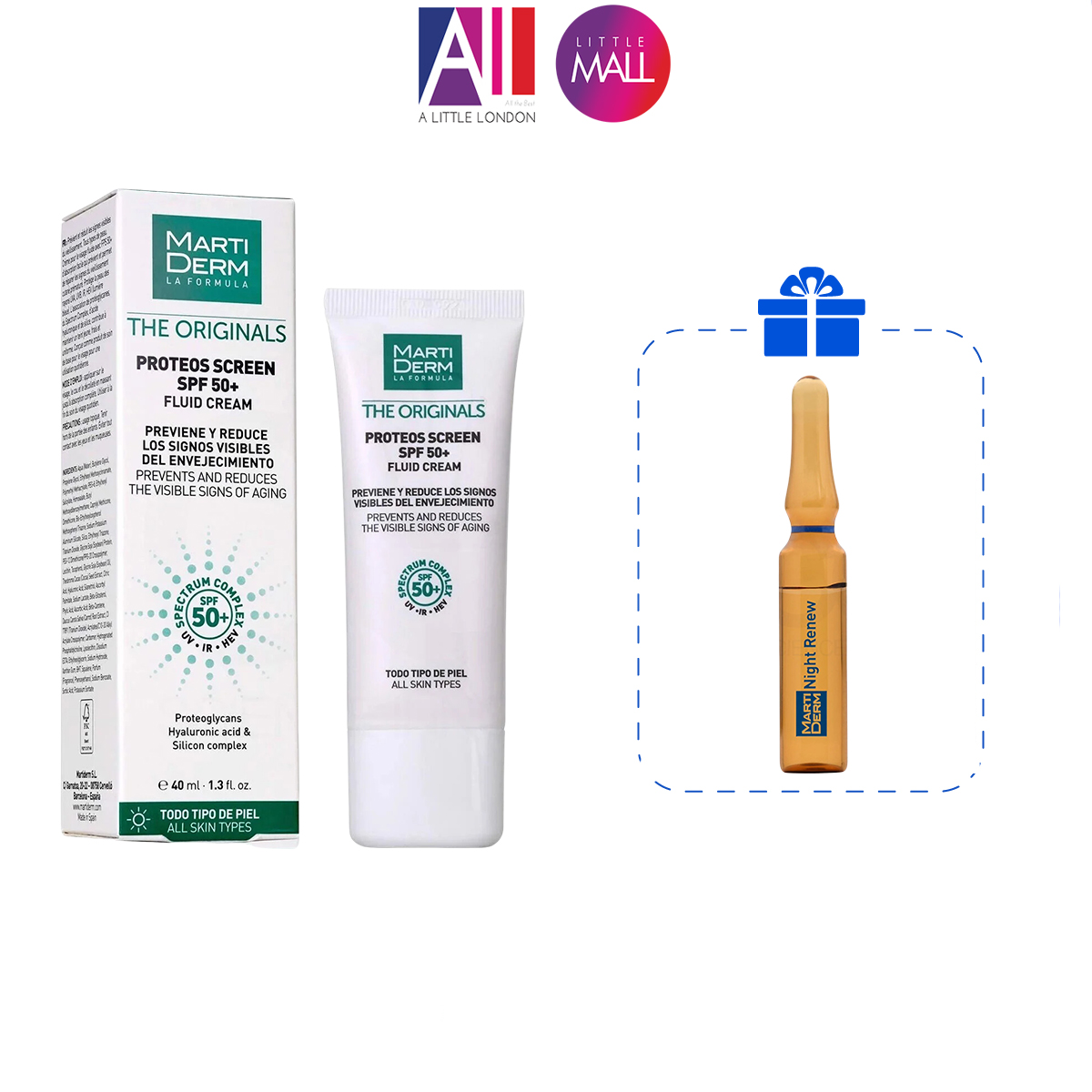 Kem chống nắng phổ rộng ngừa lão hóa MartiDerm the originals proteos screen SPF50 fluid cream TẶNG Ampoule chống lão hóa Martiderm Nhập khẩu – 40ml