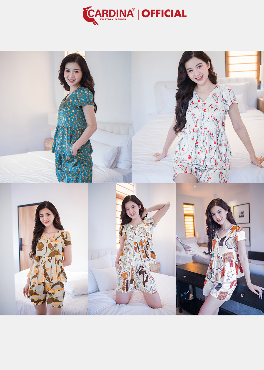 Đồ Bộ Nữ CARDINA Chất Lụa Satin Cao Cấp Cổ V Áo Cộc Tay Quần Đùi Nhún Eo Nữ Tính 3SF02