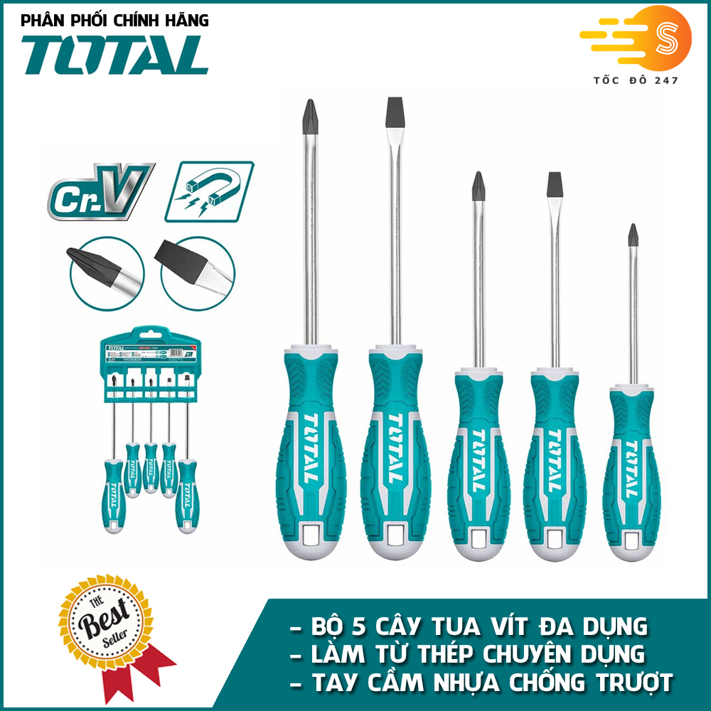 Bộ 5 cây tua vít dẹp, bake đa năng TOTAL THT2506052 - Thép chuyên dụng CR-V, tay cầm nhựa chắc chắn, bền bỉ