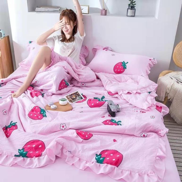 Bộ Chăn Ga Gối Cotton Đũi Bèo 4 Món Chăn Chần Hè Mẫu Mới Nhất 2021,