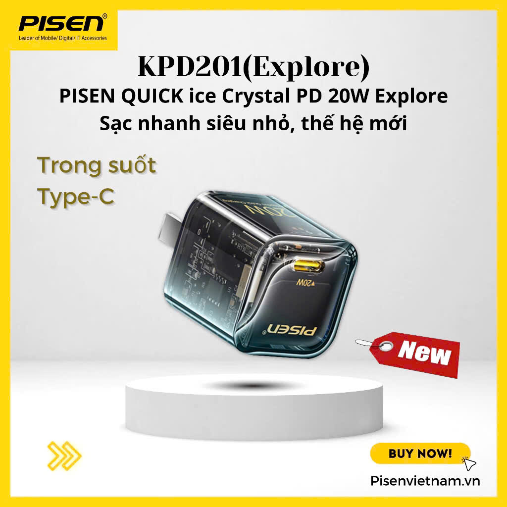 Cóc sạc nhanh PISEN Quick Ice Crystal PD 20W Explorer KPD201, siêu nhỏ, vỏ ngoài trong suốt lộ main, Hàng chính hãng