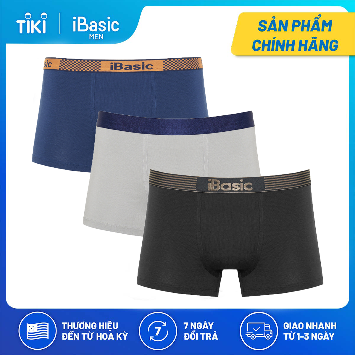 Combo 3 quần lót nam trunk iBasic PANM078 - Đen/Xám/Xanh