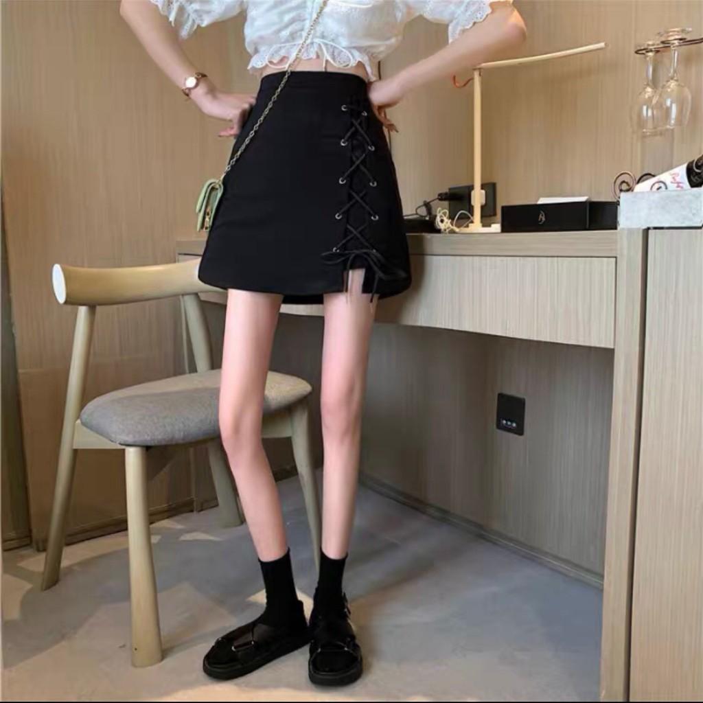 Chân váy chữ A ngắn thiết kế dây đan chéo màu đen đủ size