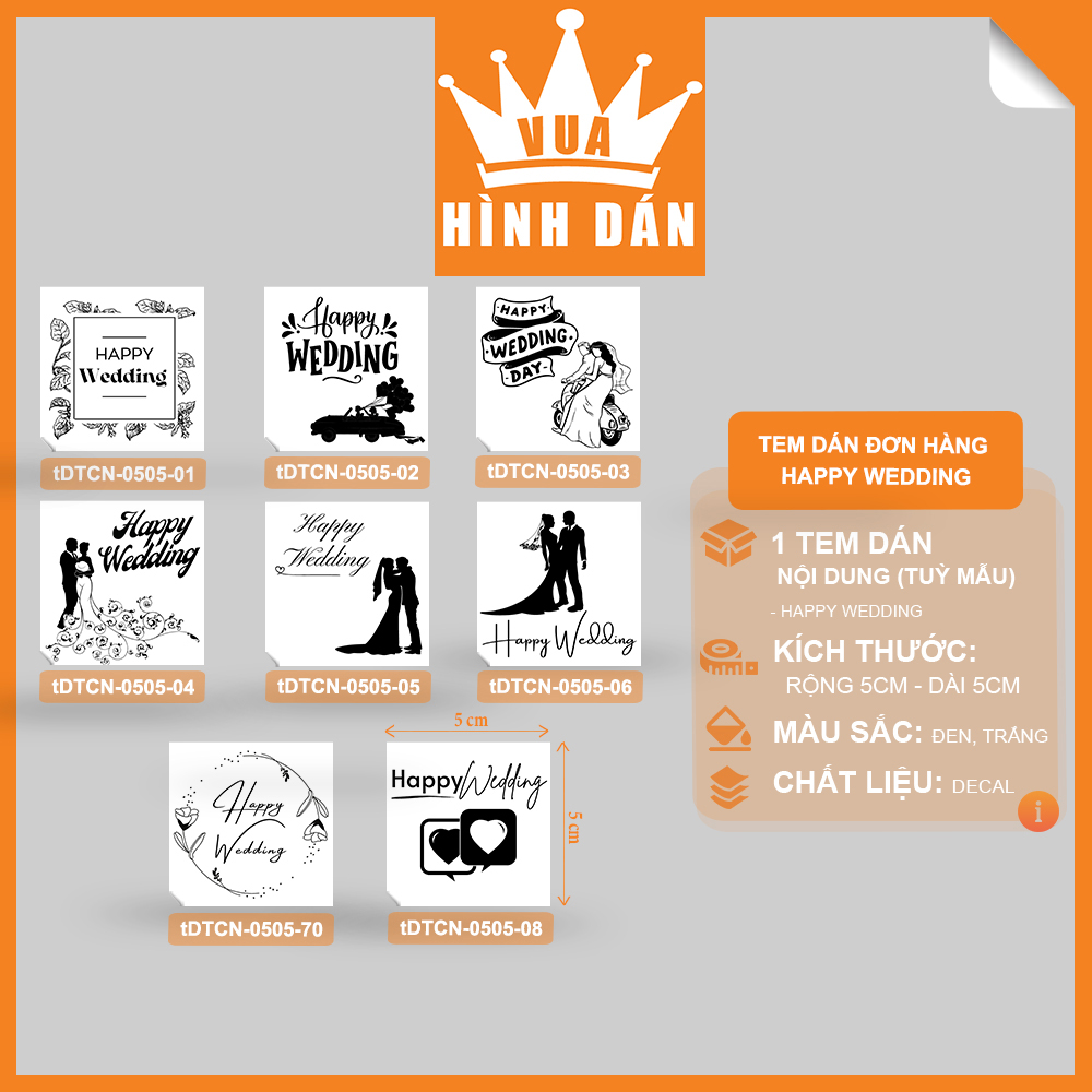 Set 50/100 nhãn dán HAPPY WEDDING - tem dán, nhãn dán hộp, gói quà, túi hàng