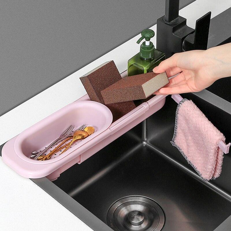 Telescopic Sink Shelf Kitchen Sinks Organizer Soap Sponge Holder Sink Drain Rack Storage Basket Towel Hook Kitchen Gadgets
