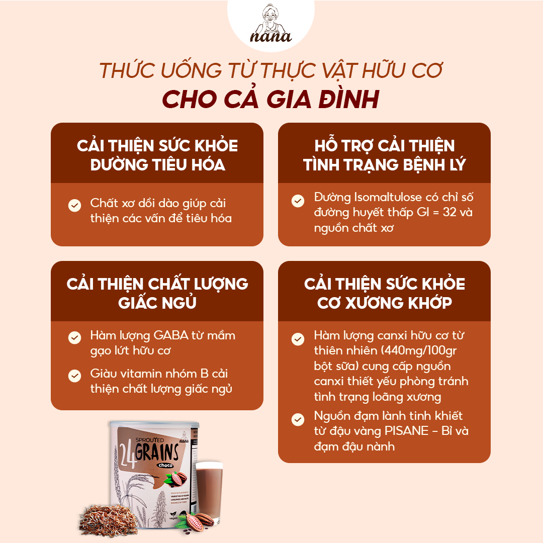 Sữa Hạt Gạo Lứt Hữu Cơ 24Grains 700g Vị Socola Nhập Khẩu Malaysia Cho Trẻ Từ 3 Tuổi &amp; Người Lớn Bổ Sung Dinh Dưỡng Vegan - 24grainsvn