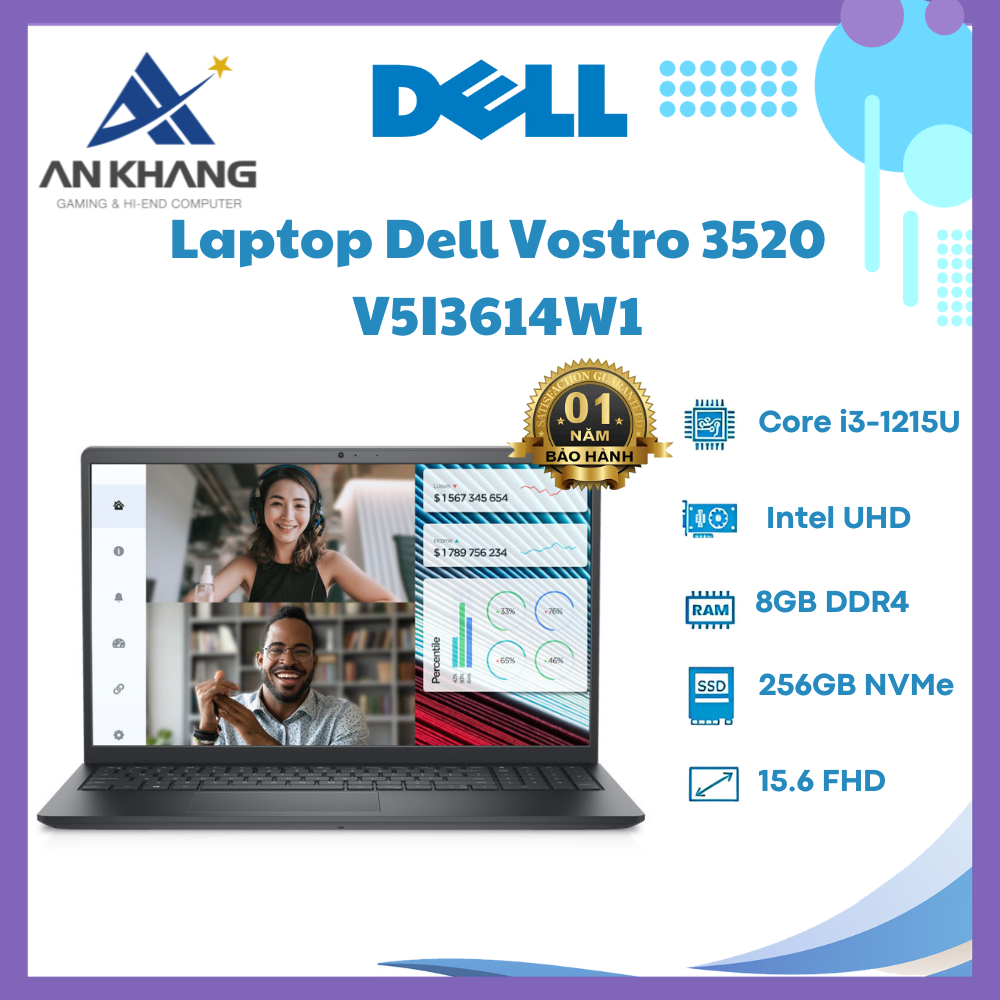 Laptop Dell Vostro 3520 V5I3614W1 (Intel Core i3-1215U | 8GB | 256GB | Intel UHD | 15.6 inch FHD | Win 11 | Office | Xám) - Hàng Chính Hãng