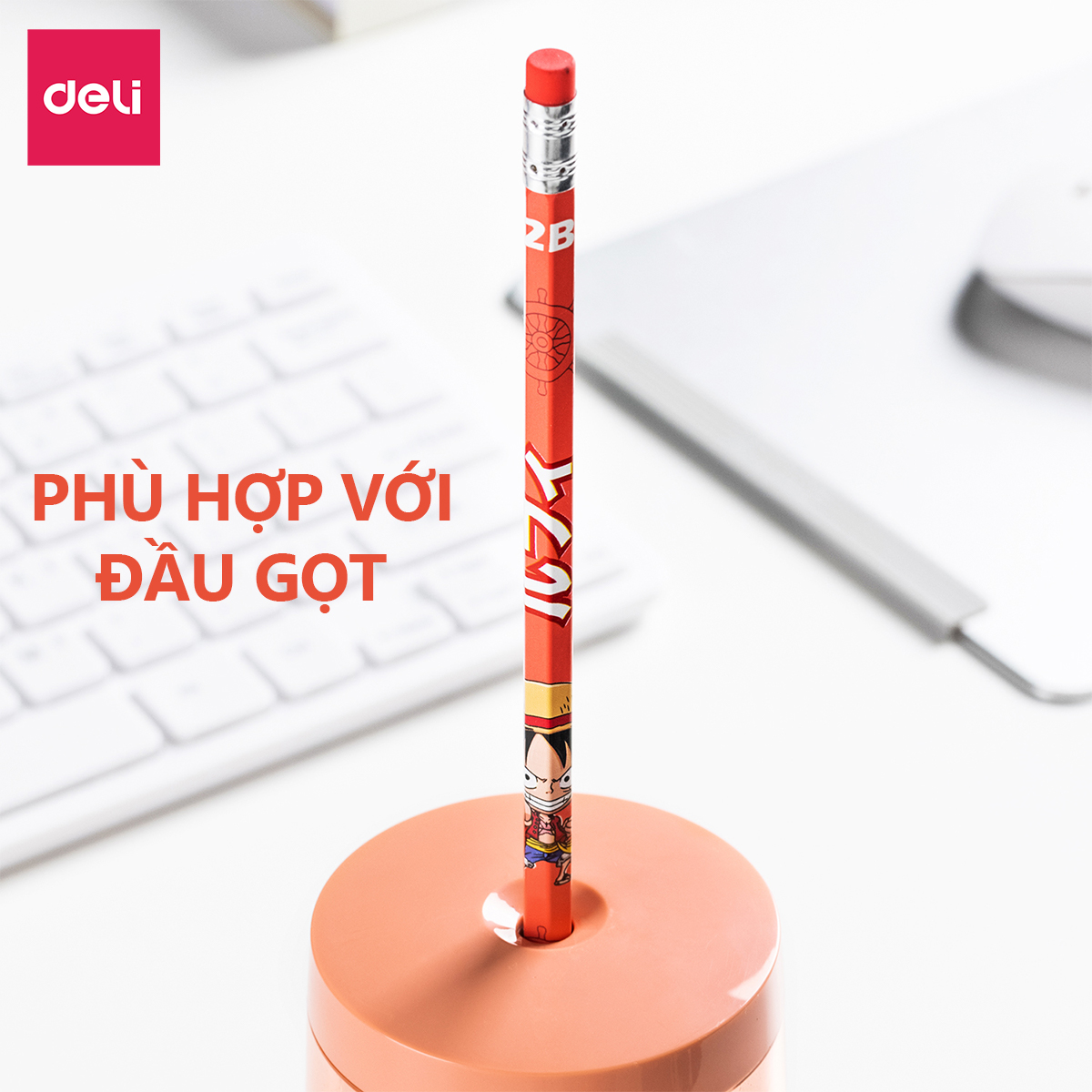 Bút chì lục giác có tẩy One Piece Deli - Bút chì gỗ - Phù hợp cho học sinh viên văn phòng ghi chú tập viết vẽ phác thảo - Loại 2B/HB - 12 chiếc/hộp - EC021