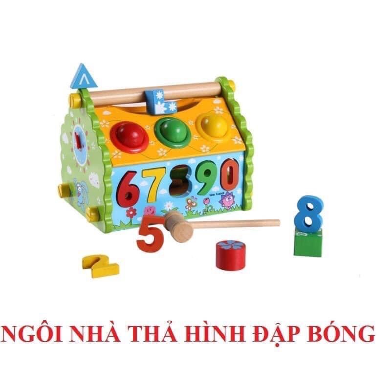 Đồ Chơi Nhà Thả Hình Gỗ 3 In 1- Đập bóng, Thả hình, Xem giờ- Đồ chơi thông minh, an toàn và phát triển kỹ năng