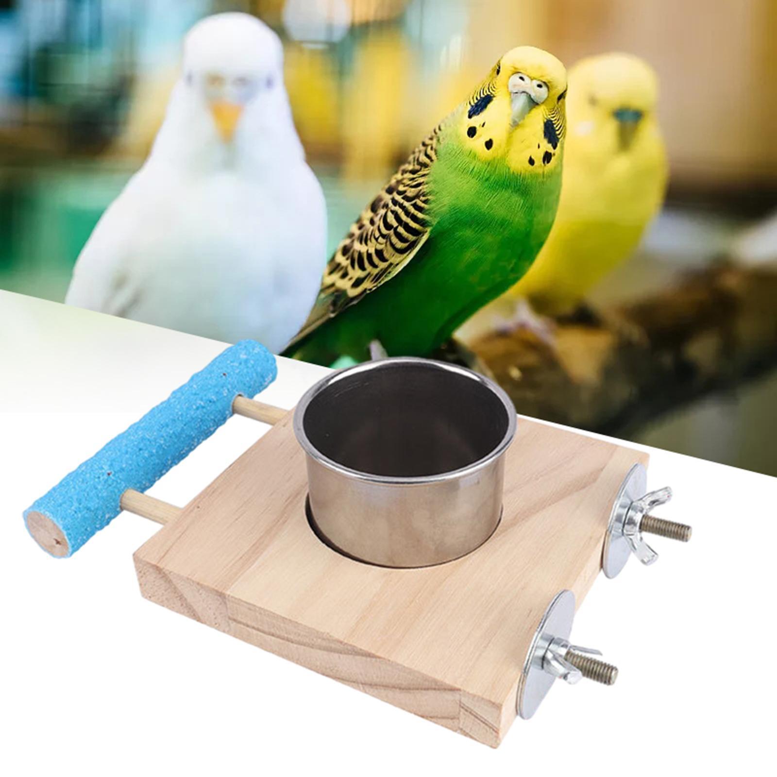 Parrot Cage Feeder Bird Wooden Stand Stainless Steel Cups Bird Cage Feeder Bowl Parrot Food and Water Bowls for Small Animal Budgie
