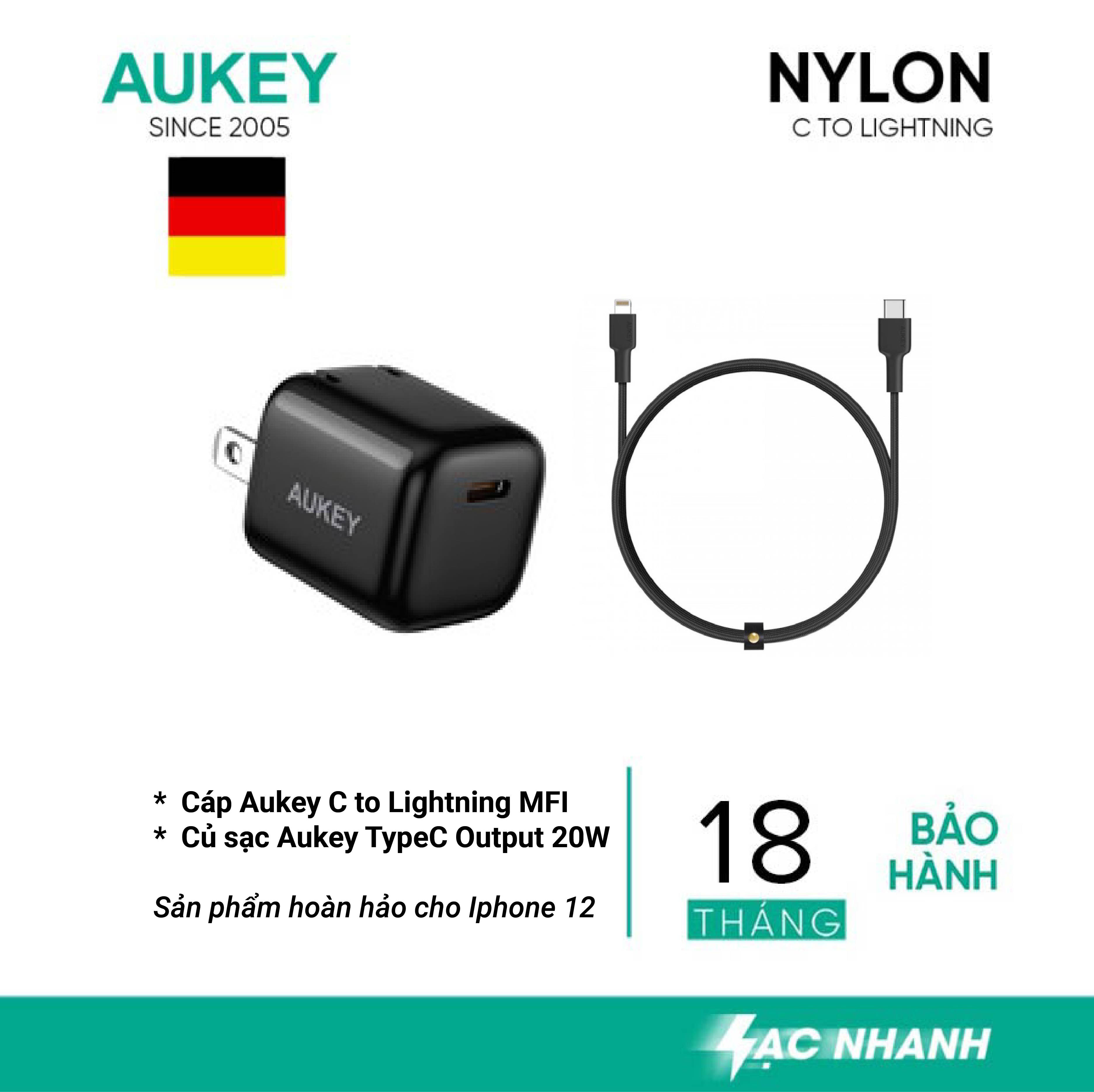 Hàng chính hãng- Bộ Cáp và Củ sạc cho Iphone hiệu Aukey 20W TypeC to Lightning , MFI dài 1m