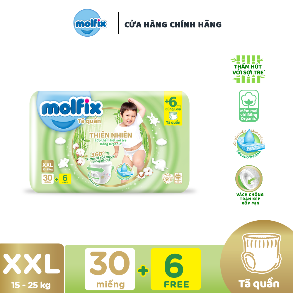Tã/bỉm quần Molfix Thiên nhiên Jumbo XXL  - Gói 28+6 miếng