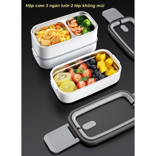Hộp cơm 3 ngăn 2 tầng inox 304 SUS thép không gỉ dành cho văn phòng + Tặng kèm túi cách nhiệt 3 lớp - Home and Garden